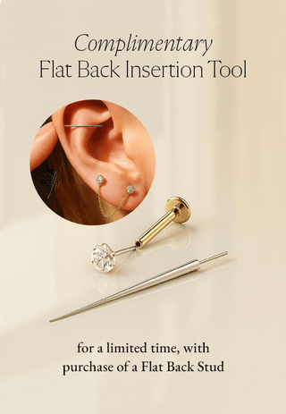 Earring with a flat back insertion tool on a beige background, featuring text about a complimentary tool offer.