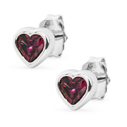 14k white gold rhodolite garnet heart stud earrings pair, product render on white background showing red-pink stones