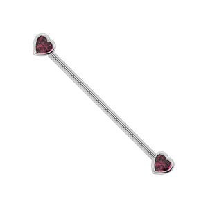 14k white gold rhodolite garnet heart industrial barbell with raspberry-toned bezel-set stones