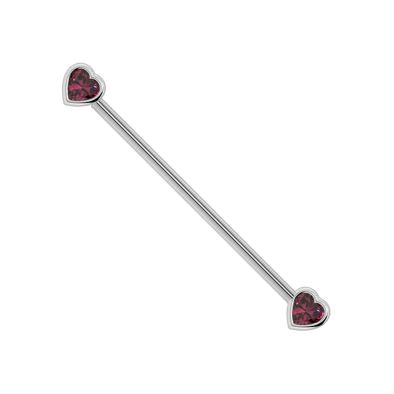14k white gold rhodolite garnet heart industrial barbell with raspberry-toned bezel-set stones