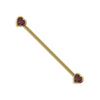 14k yellow gold industrial barbell with dual bezel-set rhodolite garnet heart ends, front view