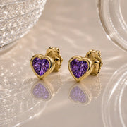 14k yellow gold amethyst heart stud earrings pair, bezel-set deep purple stones with reflections