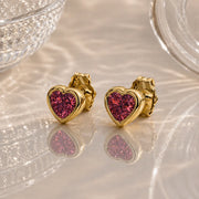 14k yellow gold rhodolite garnet heart stud earrings pair, rich raspberry-red bezel-set gemstones