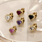 14k yellow gold gemstone heart stud earrings in six stone options: diamond, pink sapphire, amethyst, rhodolite, onyx, white sapphire