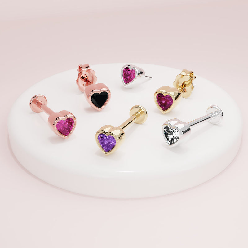 Gemstone heart stud earrings in rose gold, white gold, and yellow gold across multiple stone colors, product lineup