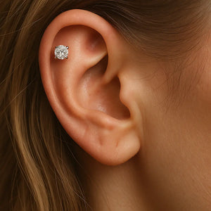 5mm CZ cartilage stud earring shown in a helix piercing on a model's ear