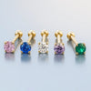 Five 2mm birthstone cartilage studs in 14k yellow gold showing pink, blue, clear, lavender, and green gemstone options