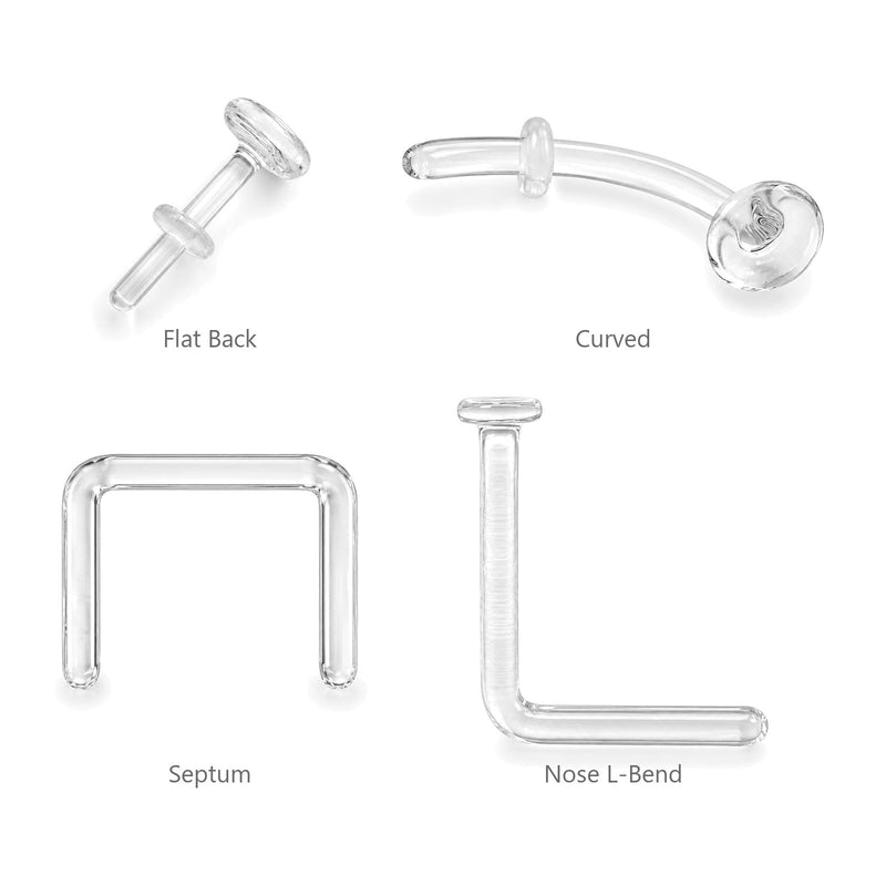 Glass piercing retainer style guide: flat back, curved, septum and nose L-bend shown side by side and labelled