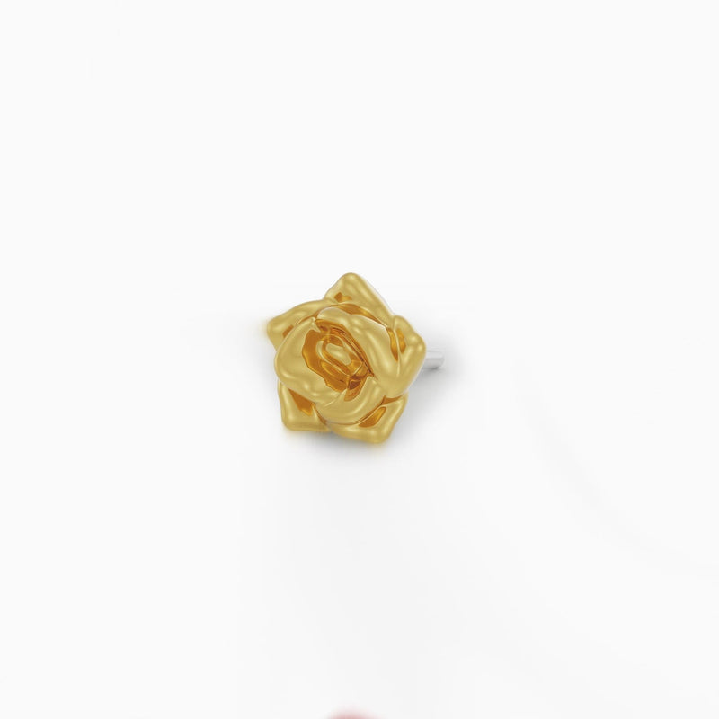 14k yellow gold rose flower threadless end with titanium flat back post visible, angled view