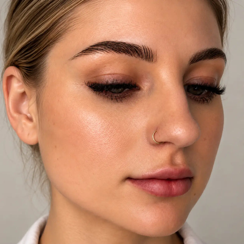 14k gold seam ring hoop worn as a nostril ring, front-facing close-up beauty shot on model