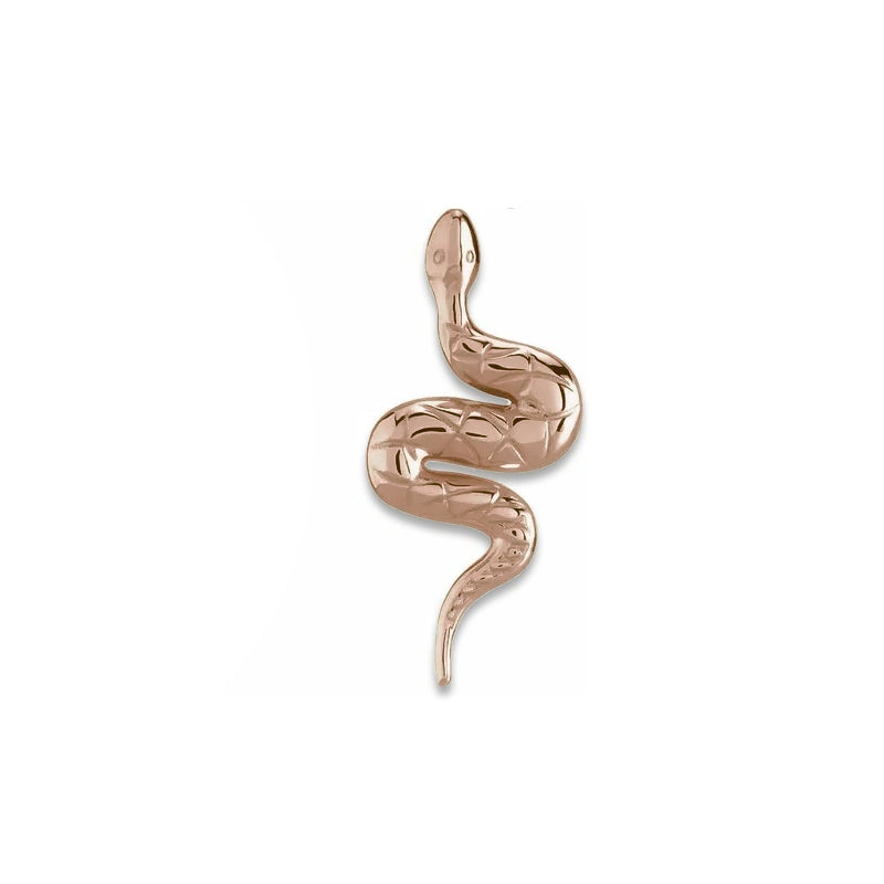 Single 14K rose gold snake earring, angled view showing full serpent form from head to tapered tail
