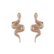 14K rose gold snake earrings pair, front view showing warm-toned coiled snake with scale texture