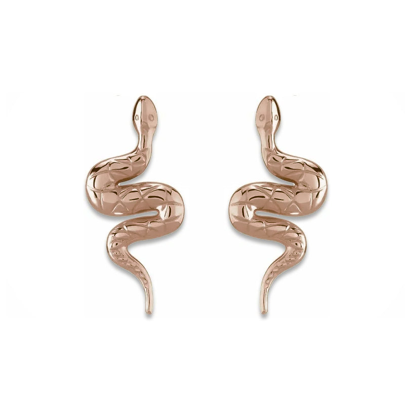 14K rose gold snake earrings pair, front view showing warm-toned coiled snake with scale texture
