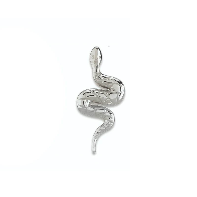 Single 14K white gold snake earring, slightly angled view emphasizing the serpent head and body curve