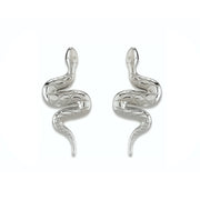 14K white gold snake earrings pair, front view with polished coiled snake and engraved scale detail