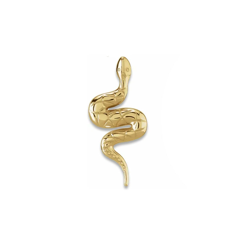 Single 14K yellow gold snake earring, front view highlighting diamond-cut scale detail and coiled body