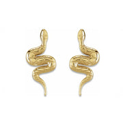 14K yellow gold snake earrings pair, front view showing coiled snake with diamond-cut scale texture