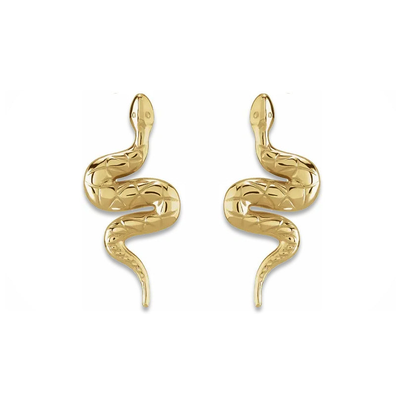 14K yellow gold snake earrings pair, front view showing coiled snake with diamond-cut scale texture