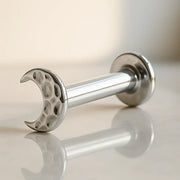 14K white gold hammered crescent moon flat back labret, angled view showing post and flat disc back