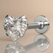 14k white gold flat back labret with prong-set heart CZ, angled view showing flat disc and post