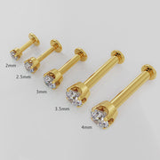 14k yellow gold CZ flat back studs in five sizes from 2mm to 4mm shown side by side for comparison