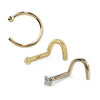 14k gold nose ring gift set with hoop, dome stud, and diamond screw nose rings, front view