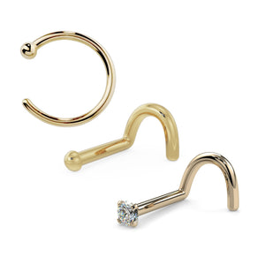 14k gold nose ring gift set with hoop, dome stud, and diamond screw nose rings, front view