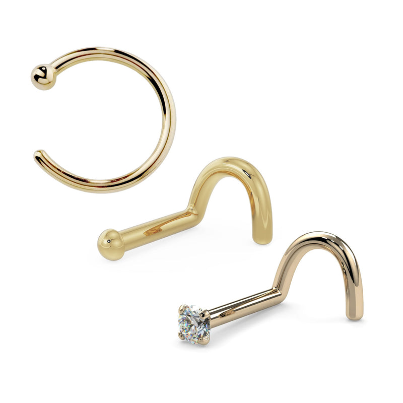14k gold nose ring gift set with hoop, dome stud, and diamond screw nose rings, front view
