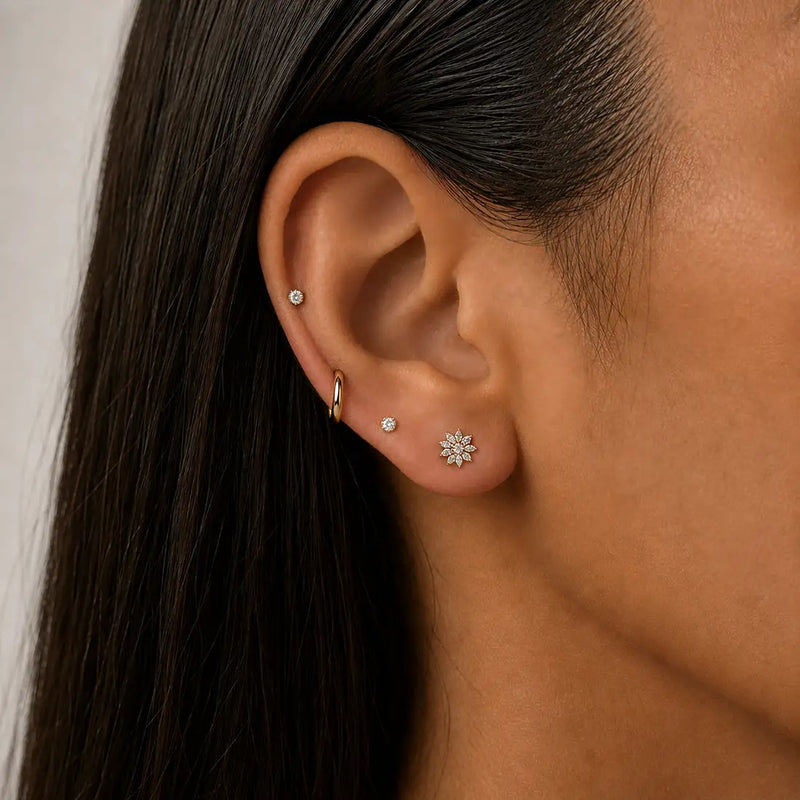 Jasmine lobe earring in solid 14k gold - for the lobe, placement view