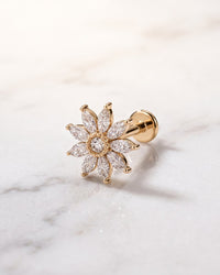 Charm lip rings - 14k yellow gold diamond flower flat back stud on white marble