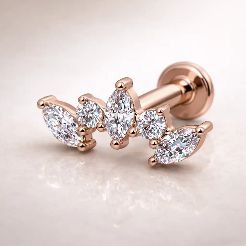 14k rose gold diamond marquise climber flat back stud showing warm tone setting with prong-set marquise diamonds