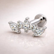 14k white gold diamond marquise climber flat back stud with three marquise and two round diamonds, angled view
