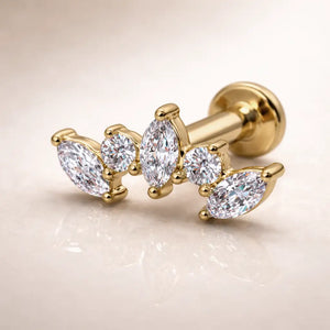 14k yellow gold diamond marquise climber flat back stud, angled view showing post and flat disc backing