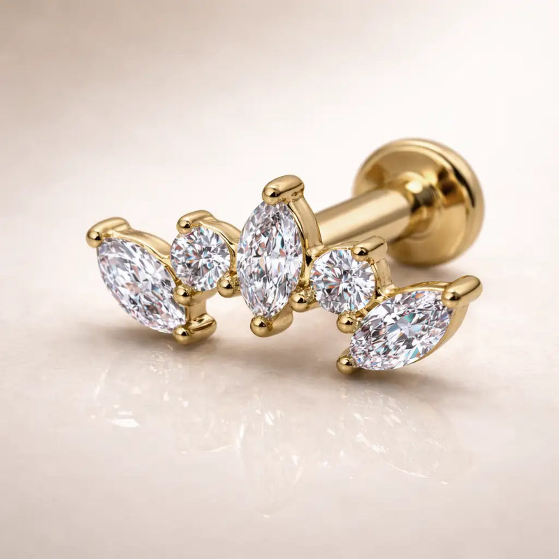 14k yellow gold diamond marquise climber flat back stud, angled view showing post and flat disc backing