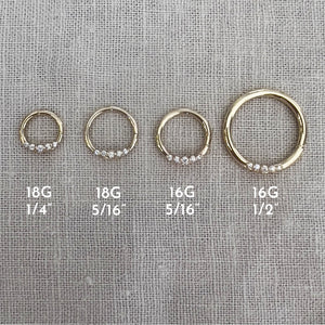 14K yellow gold diamond seam ring shown in four sizes: 18G 1/4", 18G 5/16", 16G 5/16", and 16G 1/2"