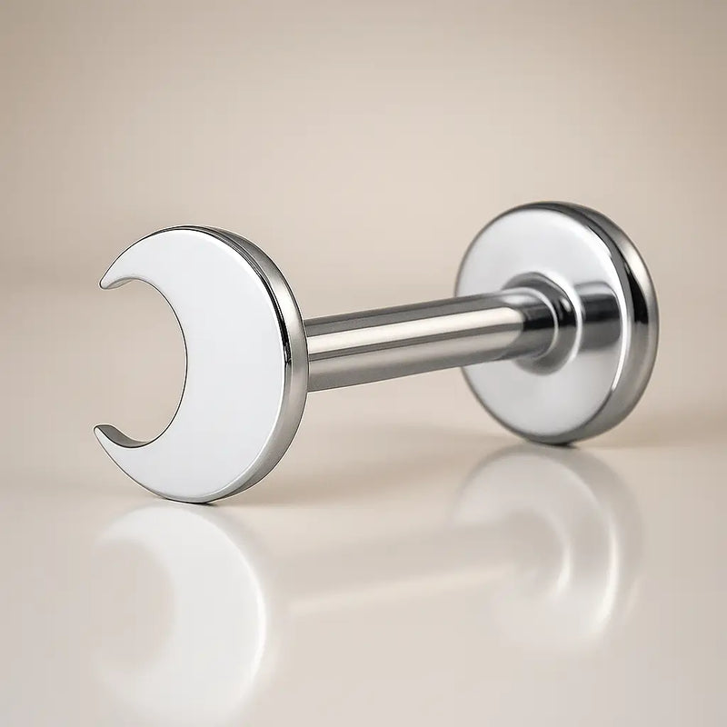 14K white gold crescent moon flat back labret, angled side view showing post length and flat disc