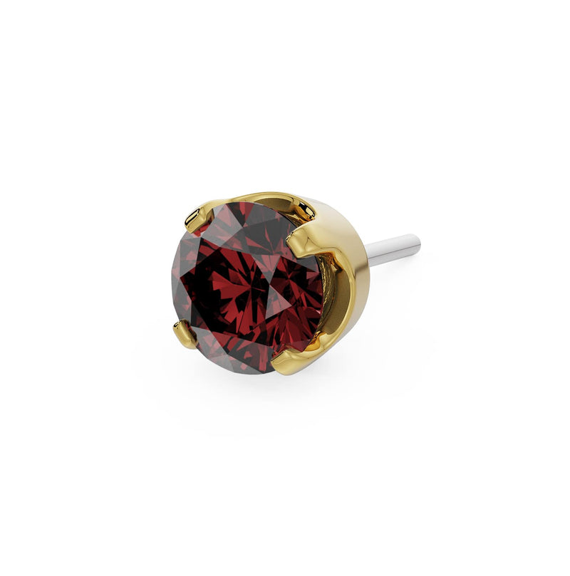 14k yellow gold 3mm garnet solitaire threadless stud end with deep red faceted stone in four-prong setting