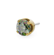 14k yellow gold 3mm mystic topaz solitaire threadless stud end showing multicolor rainbow faceting
