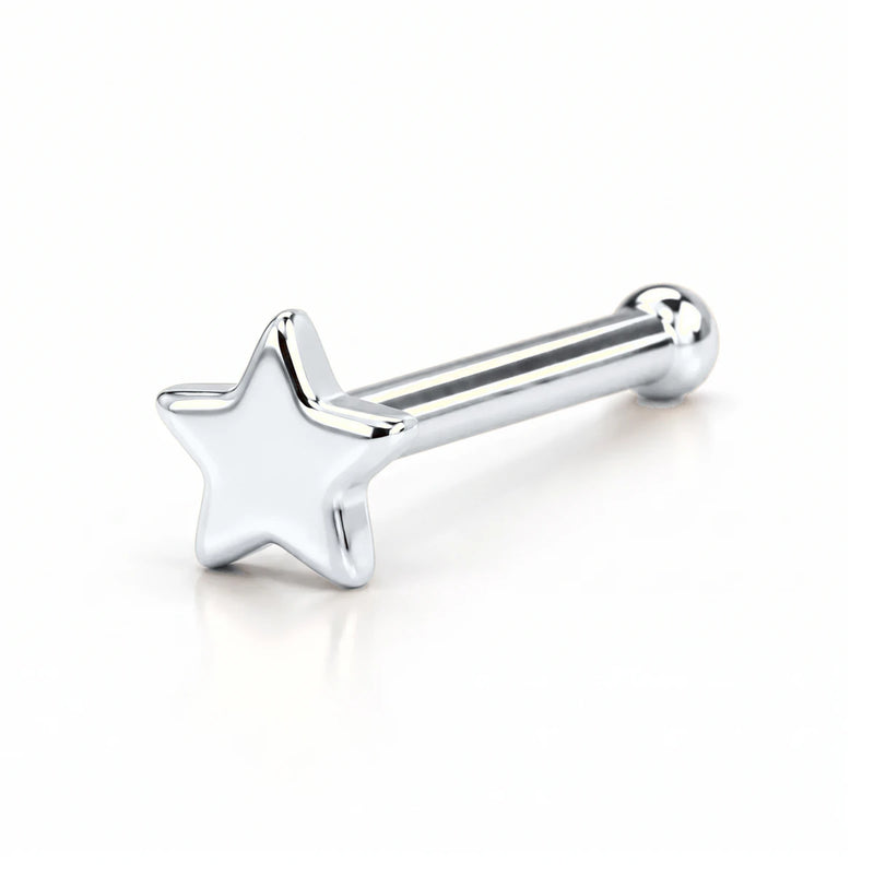 14K white gold star nose ring, 2mm star charm, bone post