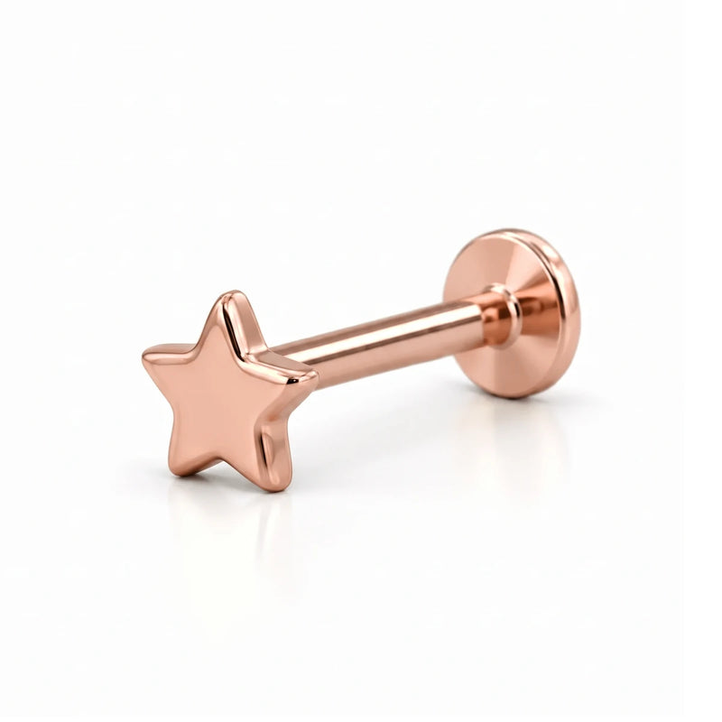14K rose gold star nose ring, 2mm star charm, flat-back post