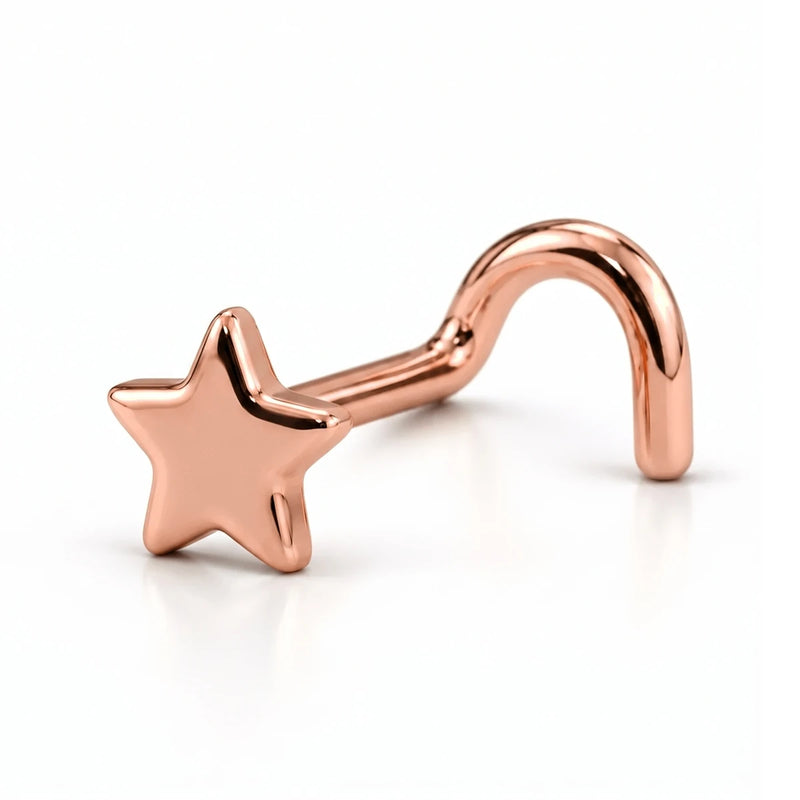 14K rose gold star nose ring, 2mm star charm, twist post
