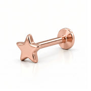 14K rose gold star nose ring, 4mm star charm, flat-back post