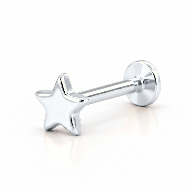 14K white gold star nose ring, 4mm star charm, flat-back post