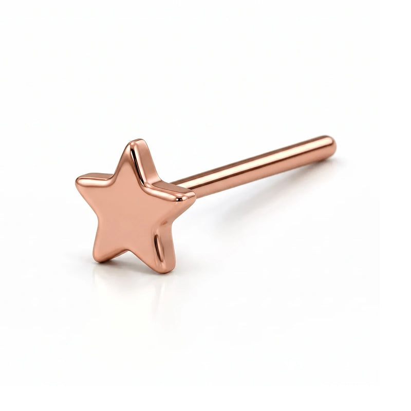14K rose gold star nose ring, 4mm star charm, straight post