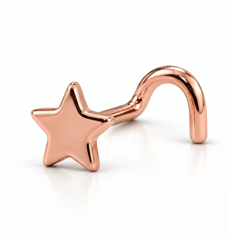 14K rose gold star nose ring, 4mm star charm, twist post