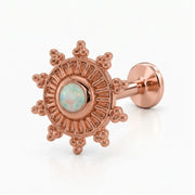 14K rose gold Surya's Fire opal sunburst nose ring, 6.8mm charm, flat-back post