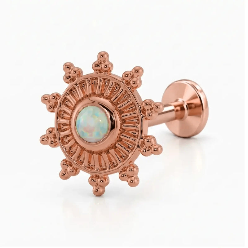 14K rose gold Surya's Fire opal sunburst nose ring, 6.8mm charm, flat-back post