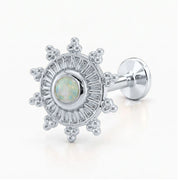14K white gold Surya's Fire opal sunburst nose ring, 6.8mm charm, flat-back post