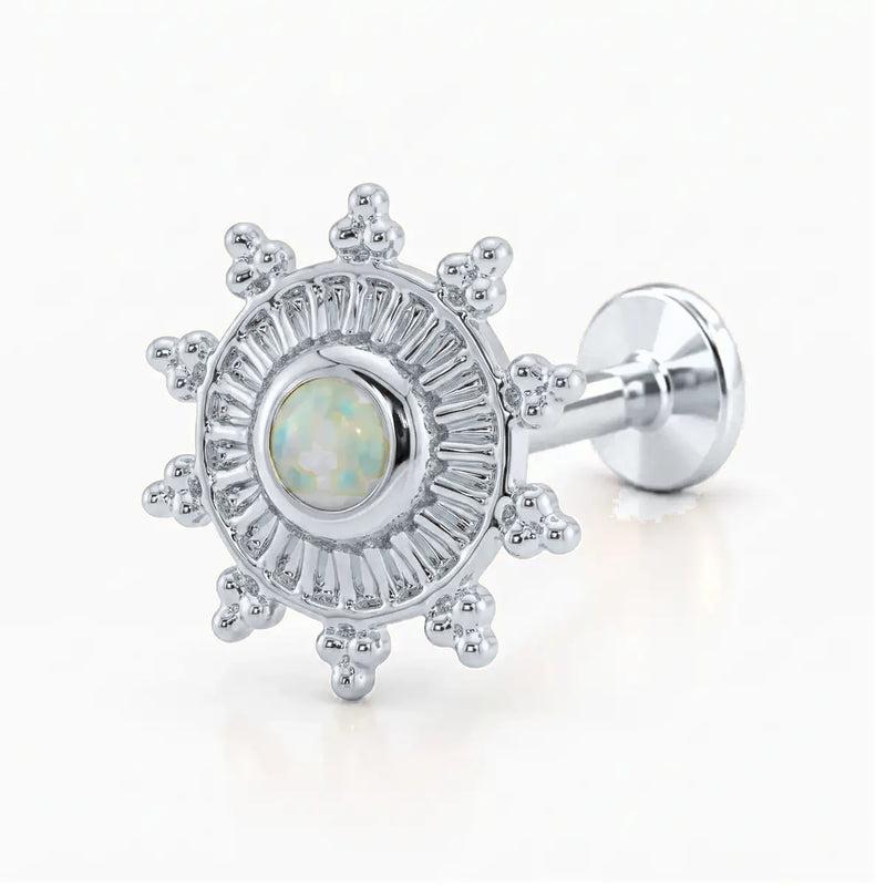 14K white gold Surya's Fire opal sunburst nose ring, 6.8mm charm, flat-back post
