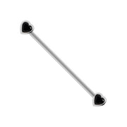 14k white gold industrial barbell featuring two black onyx heart gemstones in bezel settings